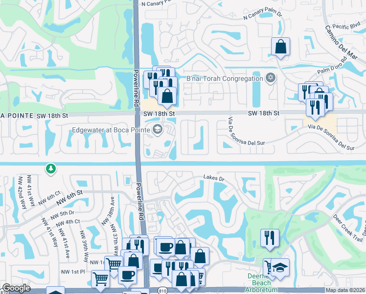 map of restaurants, bars, coffee shops, grocery stores, and more near 23437 Torre Circle in Boca Raton