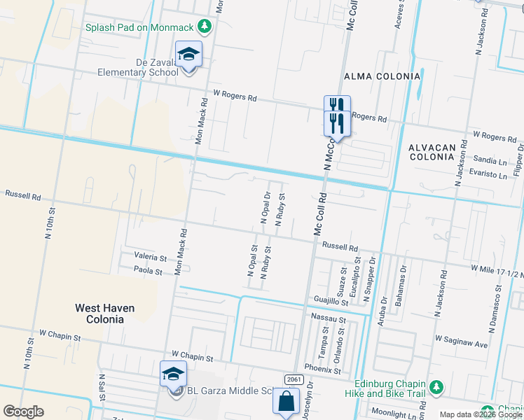 map of restaurants, bars, coffee shops, grocery stores, and more near 2329 North Opal Drive in Edinburg