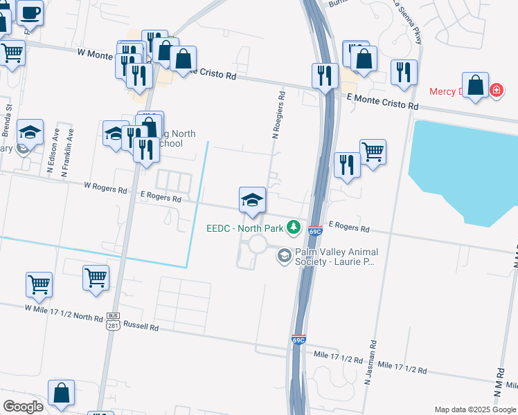 map of restaurants, bars, coffee shops, grocery stores, and more near 2805 Roegiers Road in Edinburg