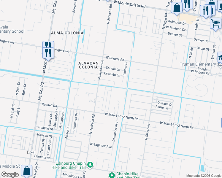 map of restaurants, bars, coffee shops, grocery stores, and more near 2504 Terranova Circle in Edinburg
