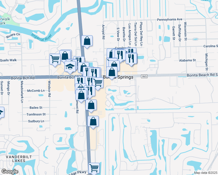 map of restaurants, bars, coffee shops, grocery stores, and more near 9021 Bonita Beach Road Southeast in Bonita Springs
