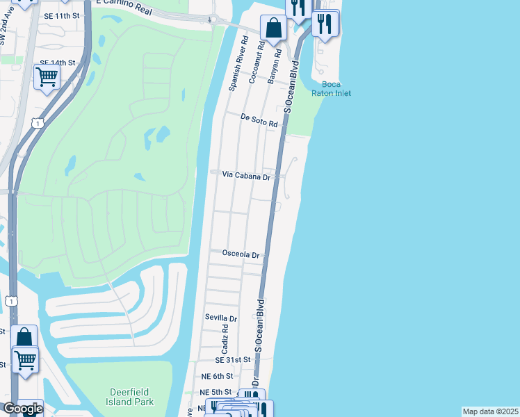 map of restaurants, bars, coffee shops, grocery stores, and more near 1503 South Ocean Boulevard in Boca Raton