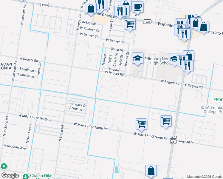 map of restaurants, bars, coffee shops, grocery stores, and more near 802 West Rogers Road in Edinburg