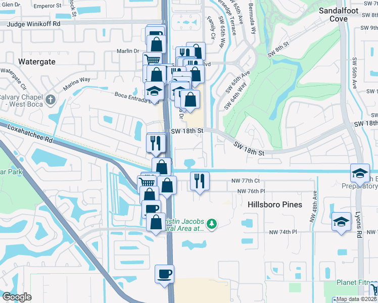 map of restaurants, bars, coffee shops, grocery stores, and more near 1118 Northwest 56th Way in Boca Raton