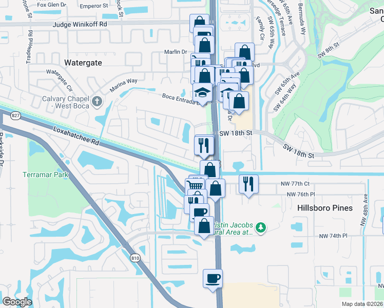 map of restaurants, bars, coffee shops, grocery stores, and more near 23435 Serene Meadow Drive South in Boca Raton