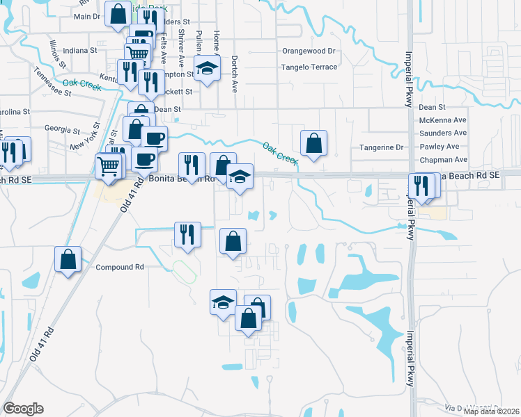 map of restaurants, bars, coffee shops, grocery stores, and more near 28151 Pine Haven Way in Bonita Springs