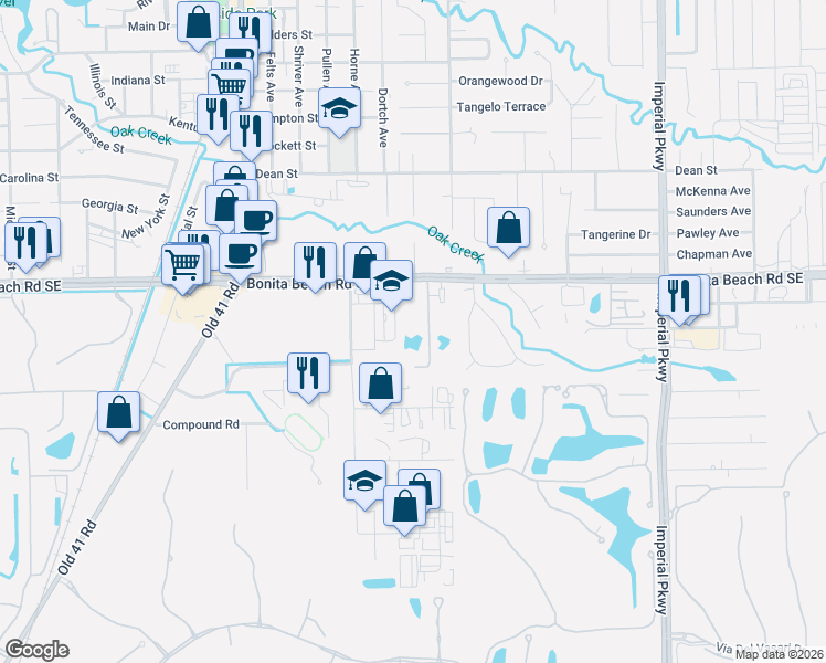 map of restaurants, bars, coffee shops, grocery stores, and more near 28151 Pine Haven Way in Bonita Springs
