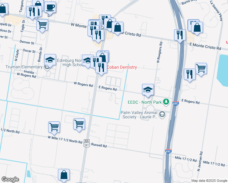 map of restaurants, bars, coffee shops, grocery stores, and more near 200 East Rogers Road in Edinburg