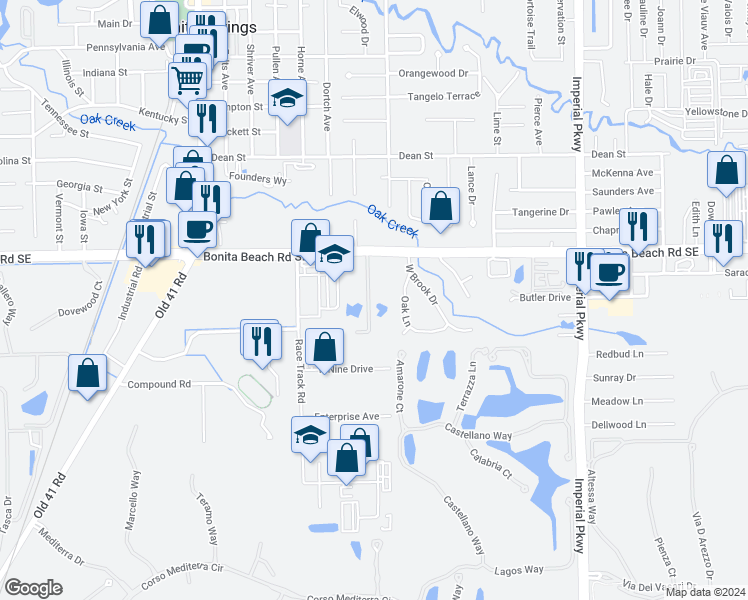 map of restaurants, bars, coffee shops, grocery stores, and more near 28180 Pine Haven Way in Bonita Springs