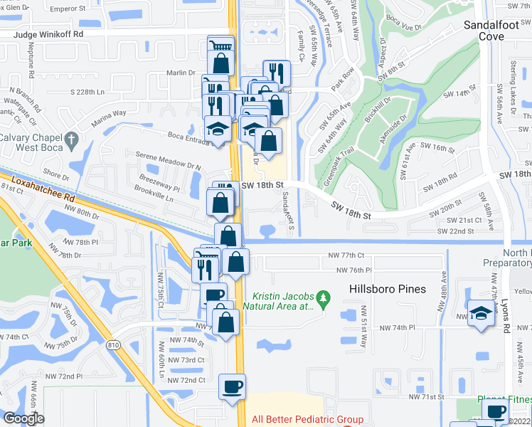 map of restaurants, bars, coffee shops, grocery stores, and more near 1118 Northwest 56th Way in Boca Raton