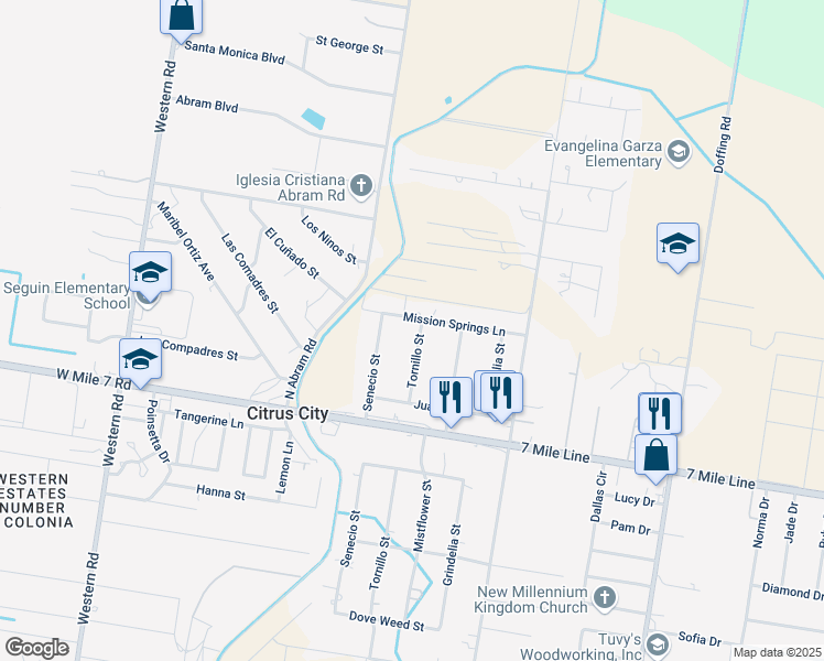 map of restaurants, bars, coffee shops, grocery stores, and more near 8511 Tornillo Street in Mission