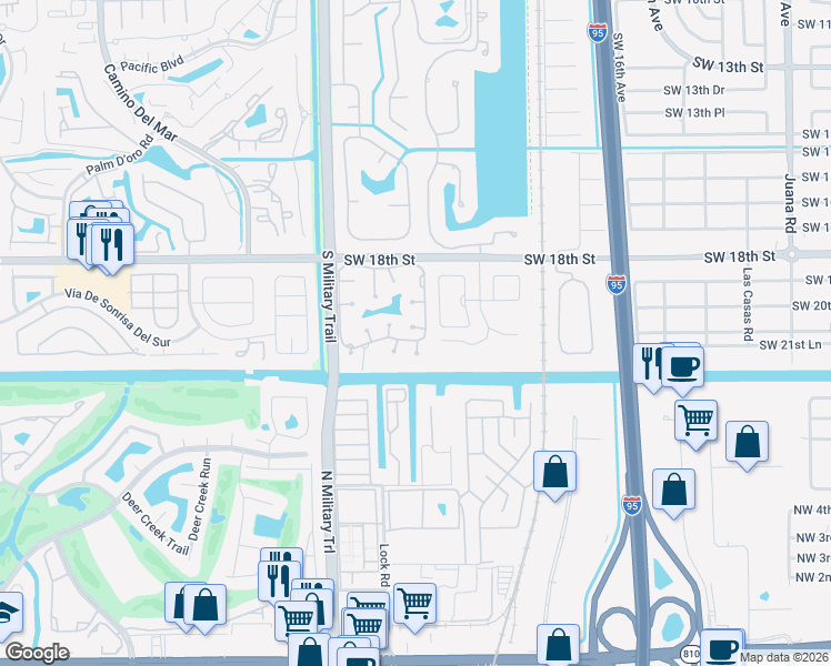 map of restaurants, bars, coffee shops, grocery stores, and more near 23327 Water Circle in Boca Raton