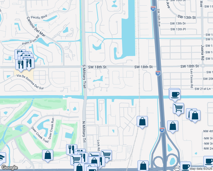map of restaurants, bars, coffee shops, grocery stores, and more near 23327 Water Circle in Boca Raton