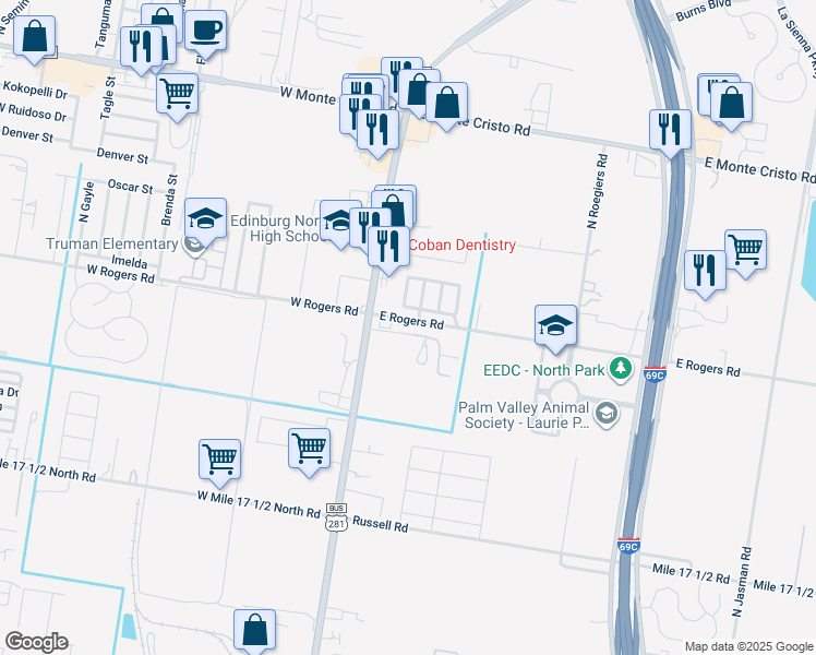 map of restaurants, bars, coffee shops, grocery stores, and more near 200 East Rogers Road in Edinburg
