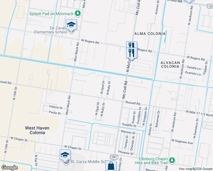 map of restaurants, bars, coffee shops, grocery stores, and more near 2333 North Ruby Street in Edinburg