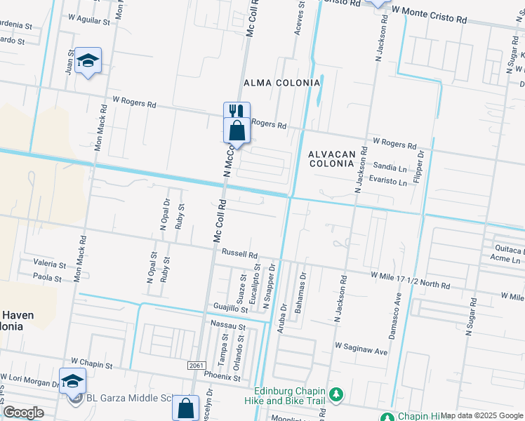 map of restaurants, bars, coffee shops, grocery stores, and more near 2525 West Mile 17 1/2 Road in Edinburg