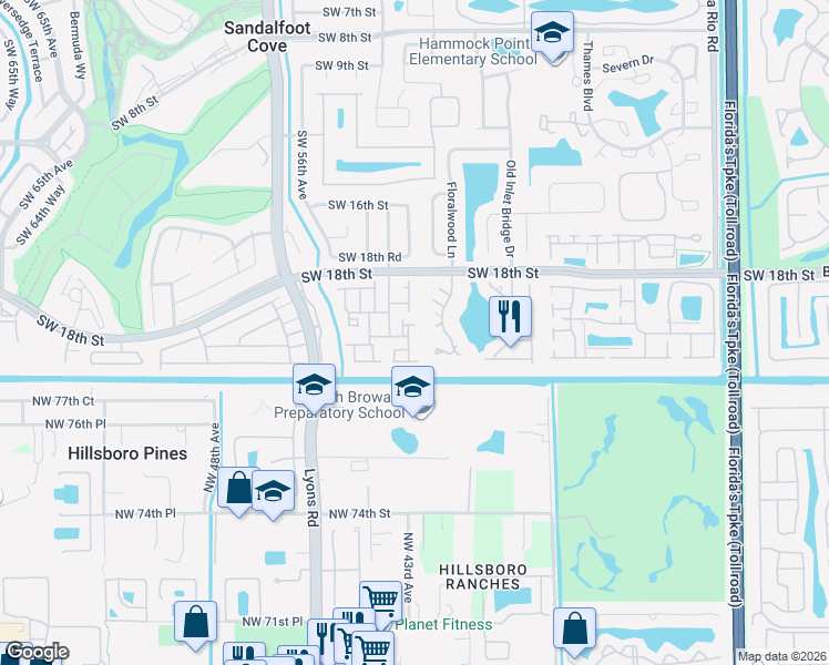 map of restaurants, bars, coffee shops, grocery stores, and more near 23368 Southwest 53rd Avenue in Boca Raton