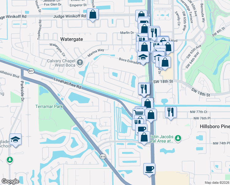 map of restaurants, bars, coffee shops, grocery stores, and more near 10675 Boca Entrada Boulevard in Boca Raton