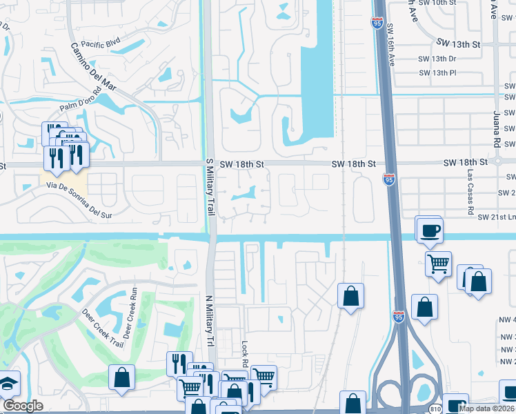 map of restaurants, bars, coffee shops, grocery stores, and more near 23327 Water Circle in Boca Raton