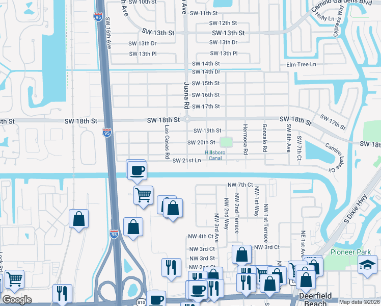 map of restaurants, bars, coffee shops, grocery stores, and more near 2098 Juana Road in Boca Raton