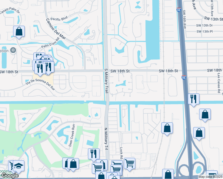 map of restaurants, bars, coffee shops, grocery stores, and more near 23375 Water Circle in Boca Raton