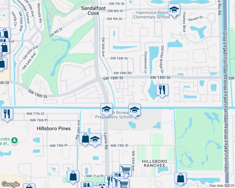 map of restaurants, bars, coffee shops, grocery stores, and more near 23379 Southwest 55th Way in Boca Raton