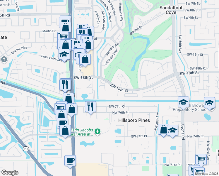 map of restaurants, bars, coffee shops, grocery stores, and more near 23344 Carolwood Lane in Boca Raton