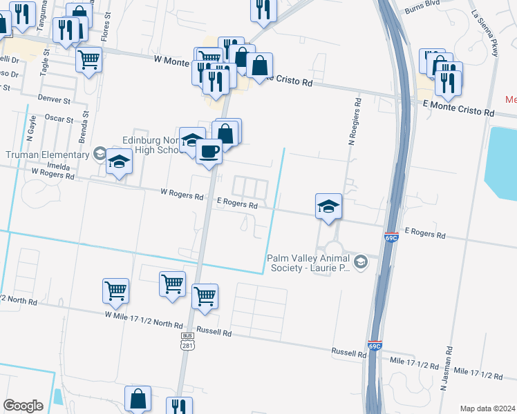 map of restaurants, bars, coffee shops, grocery stores, and more near 2802 Stoneview Street in Edinburg