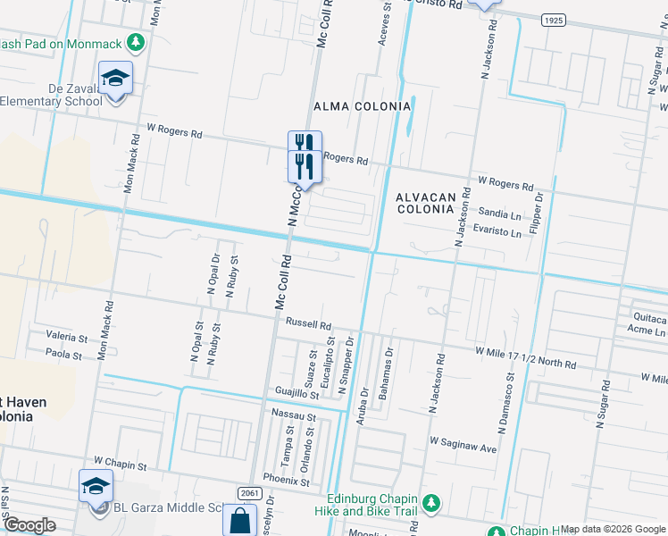 map of restaurants, bars, coffee shops, grocery stores, and more near 2525 West Mile 17 1/2 Road in Edinburg