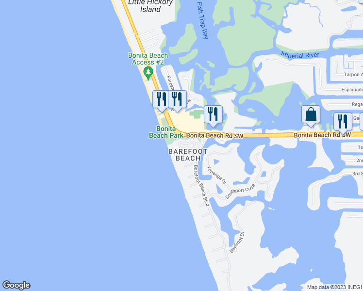 map of restaurants, bars, coffee shops, grocery stores, and more near 140 Barefoot Circle in Bonita Springs