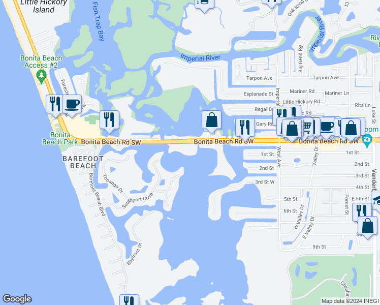 map of restaurants, bars, coffee shops, grocery stores, and more near 4975 Bonita Beach Road in Bonita Springs