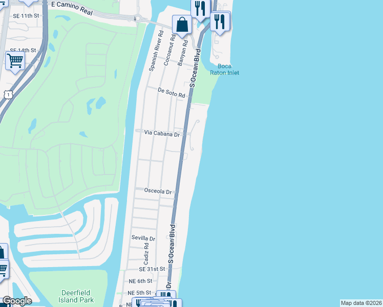map of restaurants, bars, coffee shops, grocery stores, and more near 1800 South Ocean Boulevard in Boca Raton