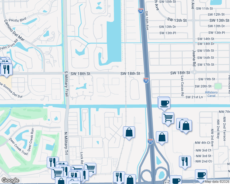 map of restaurants, bars, coffee shops, grocery stores, and more near 5095 Heatherhill Lane in Boca Raton