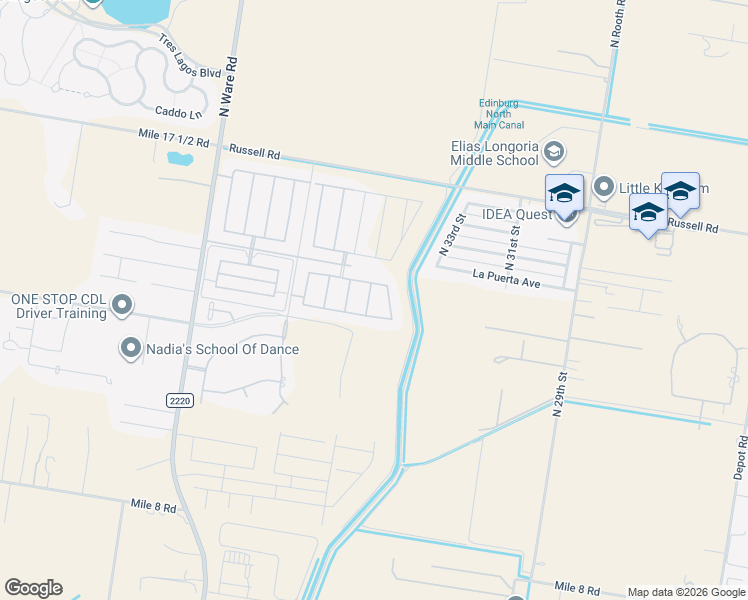 map of restaurants, bars, coffee shops, grocery stores, and more near 13500 North 34th Street in Edinburg
