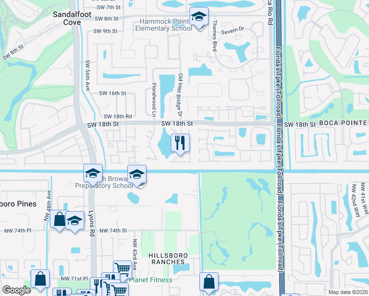 map of restaurants, bars, coffee shops, grocery stores, and more near 8570 Brody Way in Boca Raton
