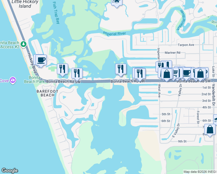 map of restaurants, bars, coffee shops, grocery stores, and more near 4975 Bonita Beach Road Southwest in Bonita Springs