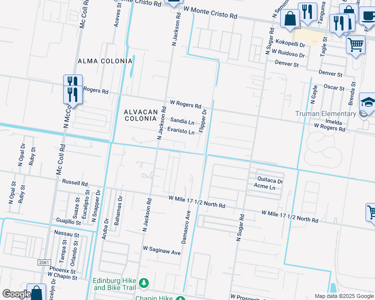 map of restaurants, bars, coffee shops, grocery stores, and more near 2504 Terranova Circle in Edinburg