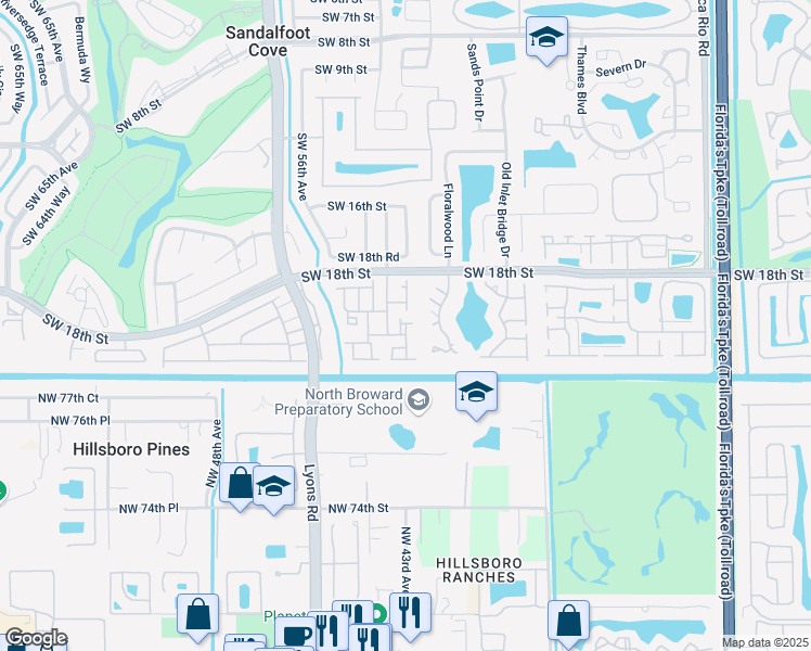 map of restaurants, bars, coffee shops, grocery stores, and more near 23368 Southwest 53rd Avenue in Boca Raton