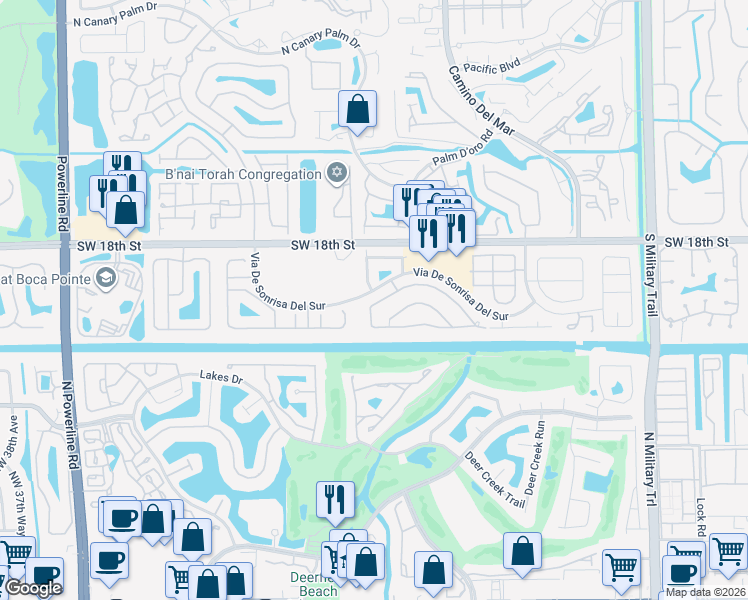 map of restaurants, bars, coffee shops, grocery stores, and more near 6076 Vista Linda Lane in Boca Raton