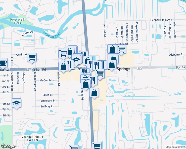 map of restaurants, bars, coffee shops, grocery stores, and more near 28051 South Tamiami Trail in Bonita Springs