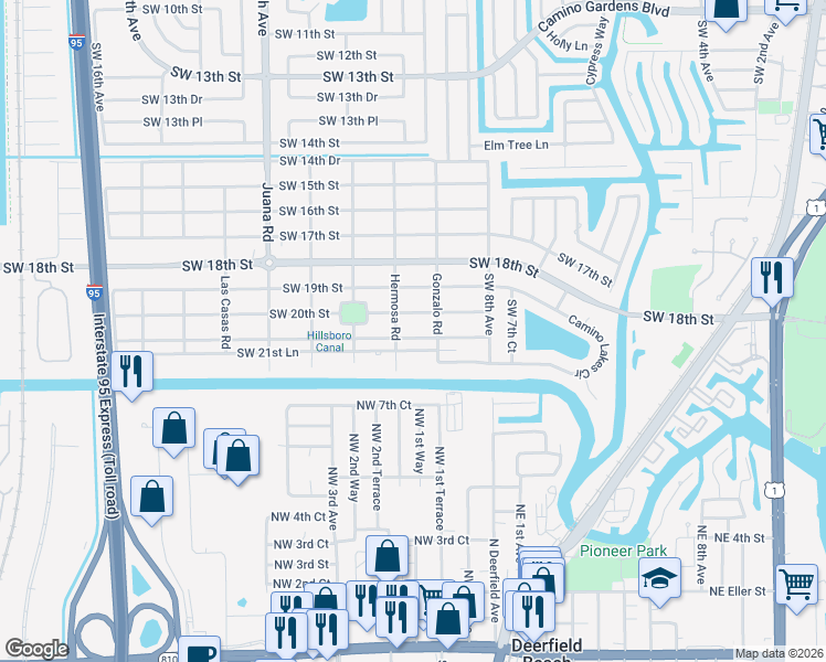 map of restaurants, bars, coffee shops, grocery stores, and more near 921 Southwest 21st Street in Boca Raton
