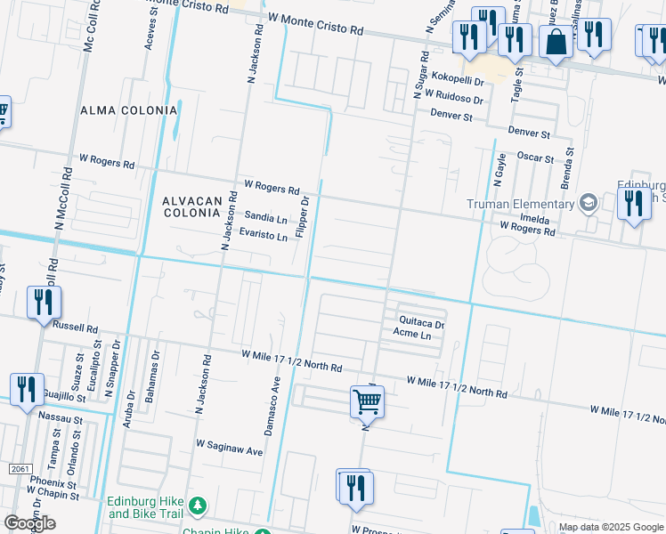 map of restaurants, bars, coffee shops, grocery stores, and more near 2551 North Sugar Road in Edinburg