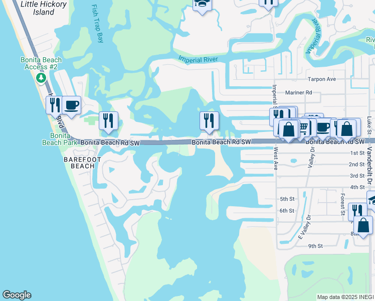 map of restaurants, bars, coffee shops, grocery stores, and more near 4975 Bonita Beach Road Southwest in Bonita Springs