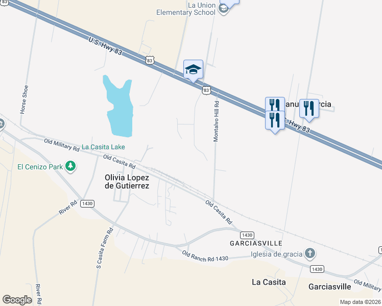 map of restaurants, bars, coffee shops, grocery stores, and more near 999 La Casita Boulevard in Rio Grande City