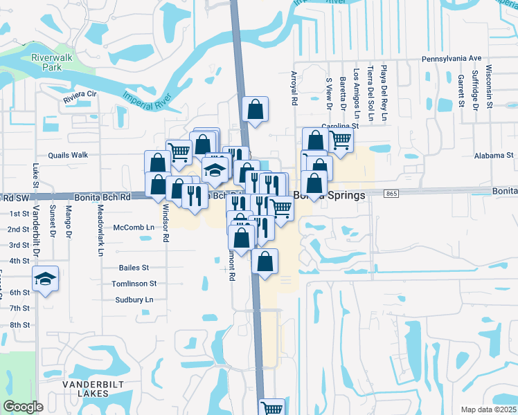 map of restaurants, bars, coffee shops, grocery stores, and more near 28051 South Tamiami Trail in Bonita Springs