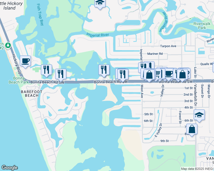 map of restaurants, bars, coffee shops, grocery stores, and more near 4835 Bonita Beach Road Southwest in Bonita Springs