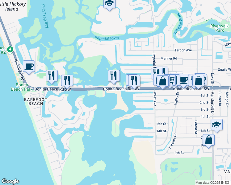 map of restaurants, bars, coffee shops, grocery stores, and more near 4835 Bonita Beach Road Southwest in Bonita Springs