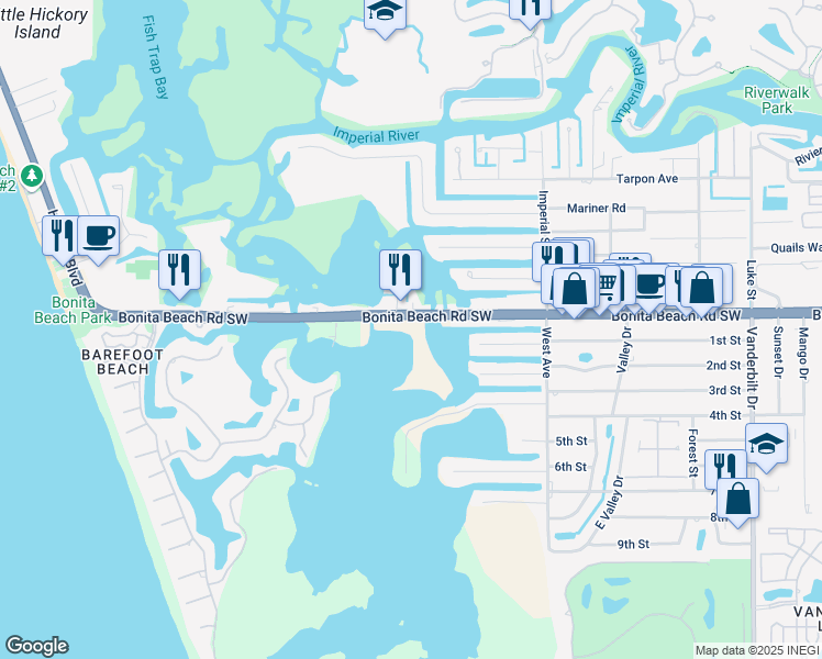 map of restaurants, bars, coffee shops, grocery stores, and more near 4835 Bonita Beach Road Southwest in Bonita Springs