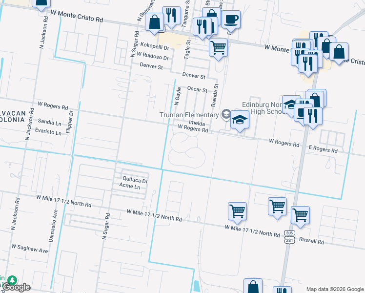 map of restaurants, bars, coffee shops, grocery stores, and more near 802 West Rogers Road in Edinburg