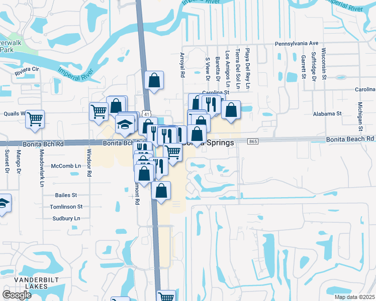 map of restaurants, bars, coffee shops, grocery stores, and more near 9021 Bonita Beach Road Southeast in Bonita Springs